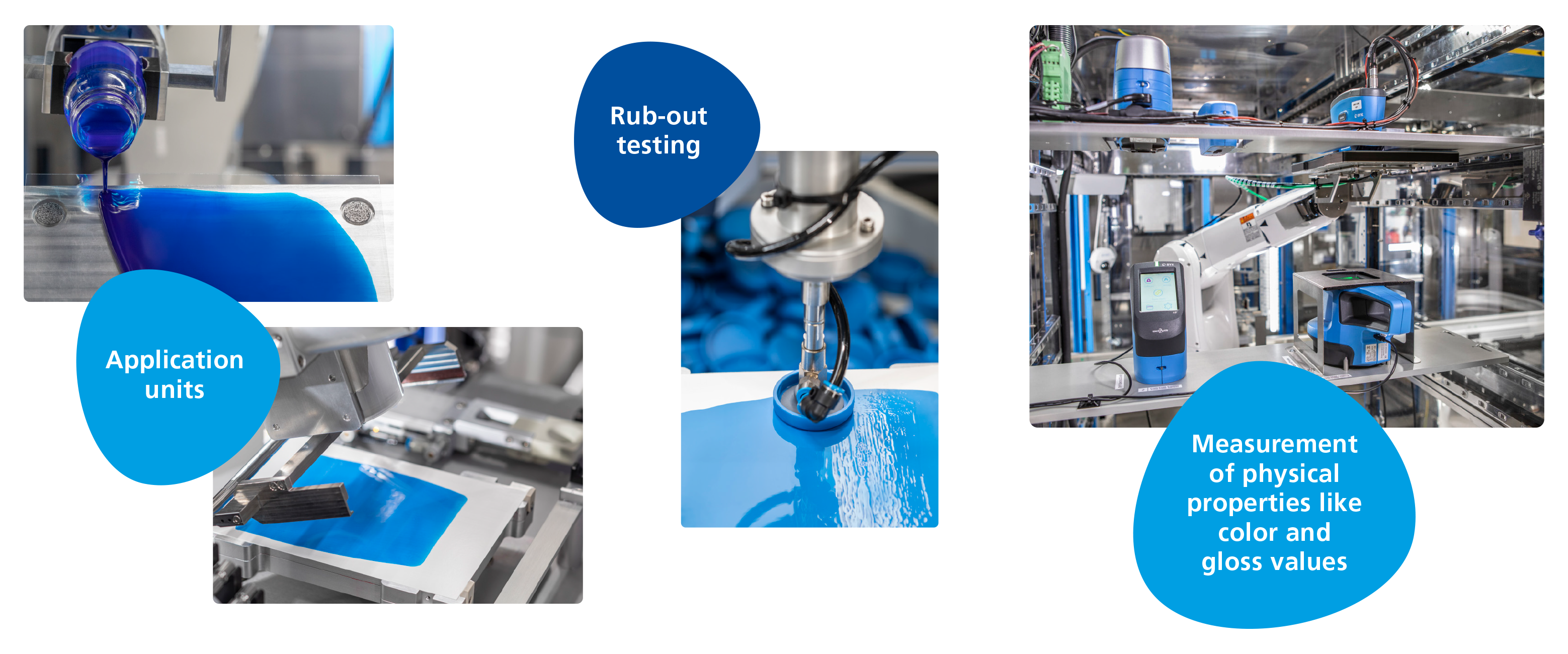 Application units, rub-out testing and measurement of physical properties like color and gloss values.
