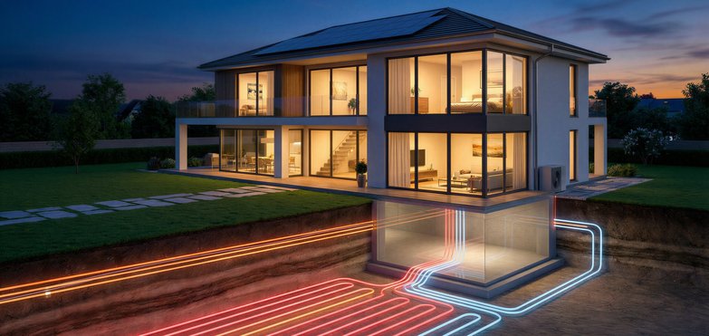 Geothermal system with ground heat exchangers